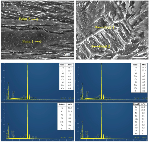 Figure 6. EDS of CGHAZ produced with heat inputs of (a) 10, and (b) 15 kJ/cm.