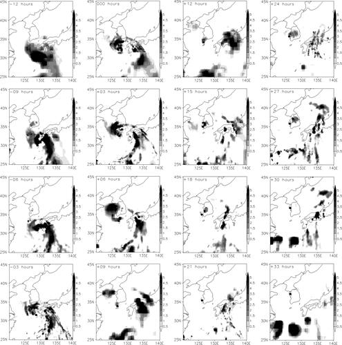 Fig. 11. Rainfall intensity (mm h−1) over 48 h from the approaching time point (–12 h) of the representative Typhoon NEIL (9905) of WTD (from 0600UTC 26 July to 0300UTC 28 July in 1999, interval 3 h) using TRMM dataset. This typhoon was weakened to TD at ‘+24 h’, 1800UTC 27 July.