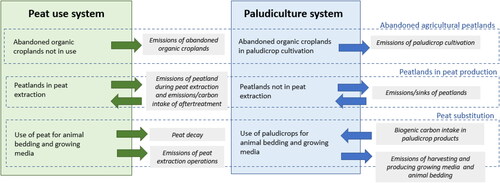 Figure 1. Flowchart of the peat use system and paludiculture system, and sources of greenhouse gas emissions and carbon intake.