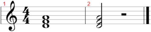 Figure A2. An example of two bars playing the same chord, but with the second one shortening the duration the chord is being played. The distance dbar between these two bars is 1 since the onset of the two chords and the chords are the same, but the rest in the second bar creates a difference between them.
