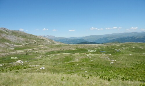 Figure 5. Marshes in the Lekočere area (dashed line) dammed by moraine ridges (solid line).