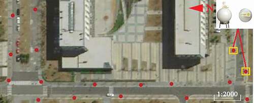 Figure 8. Distribution of feature points: A total of 17 special target balls were set up as marking points and evenly distributed on both sides of the road in the calibration field. (As the red circle)