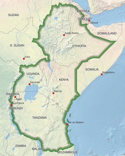 Figure 1. Location of five countries in East Africa in which surveys were undertaken to record the presence of alien plant species.
