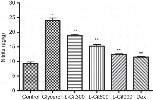 Figure 4.  Effects dexamethasone (Dex) of L-Citrulline (L-Cit) on levels of NO in rats kidney tissues. Data are the means ± SEM for six animals. Note: *p < 0.001 as compared to the control, **p < 0.001 as compared to the glycerol group.