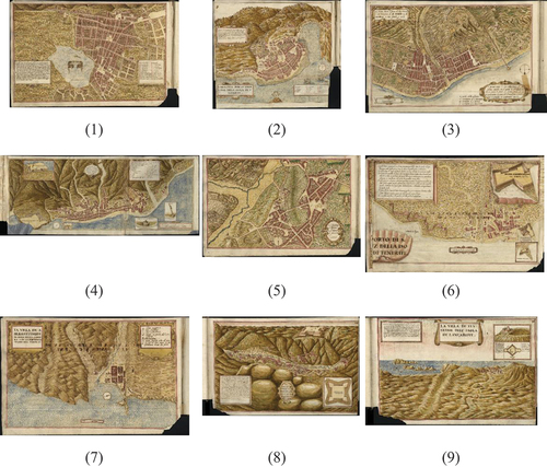 Figure 1. Maps used in this study: from top to bottom and left to right and numbered 1 to 9: San Cristóbal de La Laguna, Garachico, Las Palmas de Gran Canaria, Santa Cruz de La Palma, Telde, Santa Cruz de tenerife, San Sebastian de La Gomera, Betancuria and Teguise. High resolution images of the maps are available in (Torriani Citation1590b).