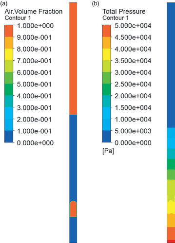 Figure 5. Contour plots of (a) the initial volume fraction (where red represents the air and blue represents the liquid), and (b) the initial gauge pressure after a hydrostatic distribution has been specified.