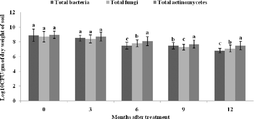 Figure 6. Total population of bacteria, fungi and actinomycetes in copper nanoparticles applied to tea soil.