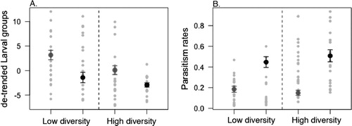 Figure 3. Comparison of the two locations for (A) number of larval groups (mean and standard error of the mean) and (B) parasitism rates (mean and standard error of the mean). The sites from Uppland are represented by the gray symbols and the sites from Småland are represented by the black symbols. The light grey symbols represent the raw data (Table 2).