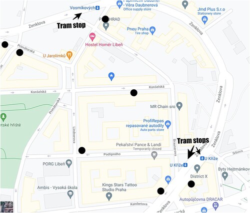 Figure 2: Potravinies (black dots) in a neighborhood in Prague (Source: ©2021 Google Maps. Image captured and modified by Tae-Sik Kim.).