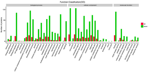 Figure 6. The Gene Ontology (GO) enrichment bar graph of up-regulated genes (red bars) and down-regulated genes (green bars) among all methylated-differentially expressed genes.