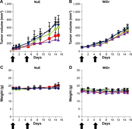 Figure 7 Evaluation of chemotherapeutic efficacies.Notes: Nude mice harboring NuE (A, C) or WiDr (B, D) xenograft tumors were intravenously injected twice (0 and 5 days) with virosomes containing DOX (red squares), LP–DOX complexes (green circles), DOX (blue diamonds), DOXOVES (purple triangles), and control (black crosses) at a low DOX dose (2.3 mg/kg). Tumor volume (A, B) and body weight (C, D) of the mice were measured for 15 days. Error bars represent standard deviation (n=5). Black arrows indicate intravenous injections.Abbreviations: DOX, doxorubicin; LP, liposome.