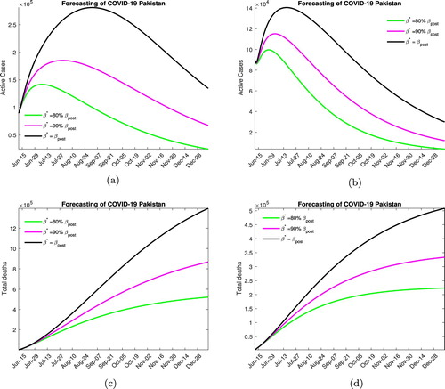 Figure 6. Forecasting with moderate lock down. (a) Without medication. (b) With medication. (c) Without medication. (d) With medication.