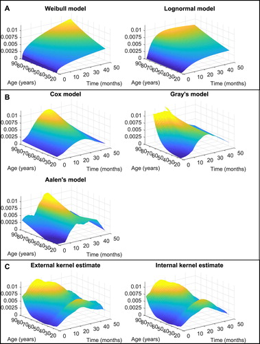 Figure 1. (A) Parametric, (B) semiparametric, and (C) kernel estimates of the conditional hazard function for triple-negative breast cancer patients.