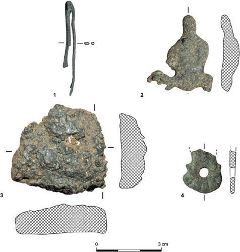 Fig. 9: Metal items of el-Ahwat: 1) tweezers; 2) copper spill; 3) copper ingot; 4) disk-shaped artefact (see Table 1; photographs by Sapir Haad)