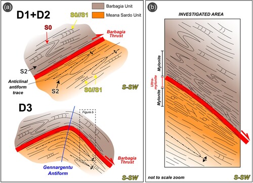 Figure 5. Sketch of the structural evolution derived from the obtained data. (a) Structural features of the pre-, sin- and post-nappe stacking deformation under compressive conditions (D1, D2, D3). (b) Simplified and not to scale structural features of the investigated sector. Far from the mylonitic zone, pre-D2 structures are well-recognizable. The prominence of mylonite and, only in MSU, ultramylonite, characterizes the high-strain zone of the BT. The presence of S-SW dipping of the axial plane of F2 folds due to the D3 folding event has been highlighted.