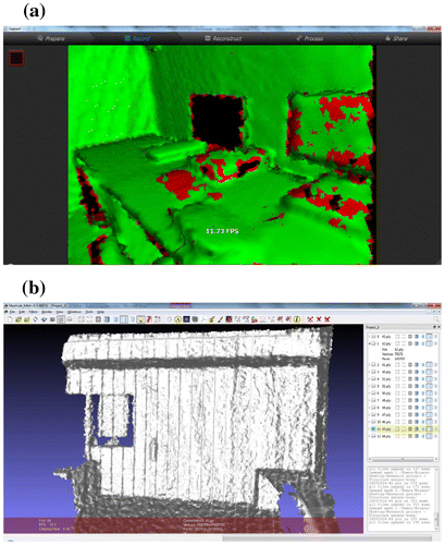 Figure 7. Vertical bands as artifact of the sensor. (a) Uncertain areas in depth image of the monitors near the window; (b) Parallel bands artefact shown at an approx. two-meter range from the door wall and coarse geometry due to high range value.