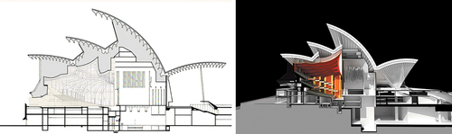Figure 7. Comparison of ceiling profiles. Utzon’s 1965 Minor Hall interior (L) and 2005 proposal for the Opera Theatre (R). Image of Opera Theatre proposal used with permission by Utzon Architects and JPW – Architects in Collaboration. Used under Fair Dealing Provision for Criticism and Review.