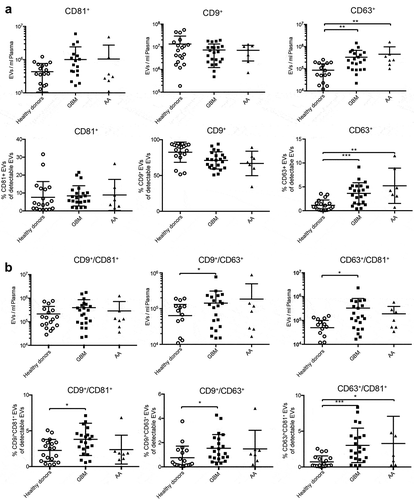 Figure 7. Tetraspanin profiles of circulating EVs in glioblastoma patients. (a) Plasma EVs from healthy donors and patients with glioblastoma (GBM) or anaplastic astrocytoma (AA) were analysed for CD9, CD81 and CD63 by IFCM. Positive EV counts were calculated as the fraction of EVs positive for a tetraspanin in relation to all EVs captured by anti-CD9, -CD63 or -CD81. Both patient groups display significantly higher numbers of circulating CD63+ EVs (top) as well as an increased proportion of CD63+ EVs among all total plasma EVs (bottom). (b) Double positive CD63+/CD81+ and CD9+/CD63+ plasma EV levels are elevated in glioblastoma patients (top), and the proportion of all possible combinations of double positive EVs is increased compared to healthy donors. ANOVA, posthoc Bonferroni was performed for multiple group comparisons. *** = p < 0.001; ** = p < 0.01; * = p < 0.05.