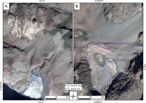 Figure 5. Evidence of the stabilizing effect of the proglacial lake: (A) the absence of lakes promotes wide rill erosion, whereas (B) the presence of an ice-contact lake slows down the flow of melt water and traps sediments. As a consequence, erosion is less intense, thus promoting the preservation of moraine ridges.