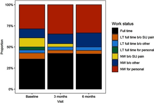 Figure 6 Change in work status over time from prior to SIJF to 6 months after SIJF.Abbreviations: NW, not working; LT, less than; b/o, because of; SIJ, sacroiliac joint; SIJF, sacroiliac joint fusion.