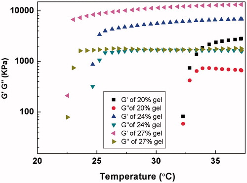 Figure 1. Measurements of the viscoelastic properties of 20%, 24% and 27% poloxamer gels as a function of temperature. G′=elastic component, G″= viscous component.