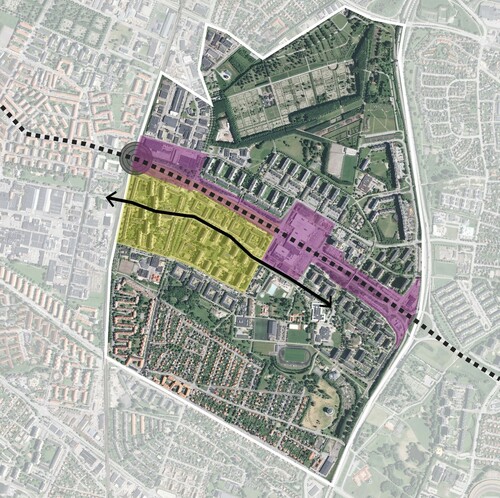 Figure 1: Map of Rosengård. Ortofoto RGB 0.5m © CitationLantmäteriet, collage by authors. Amiralsgatan marked with dotted line, and Rosengårdsstråket with an arrow. The planning area of Planning program for Törnrosen and part of Örtagården is marked in yellow, while the planning area of Planning program for Amiralsgatan and Persborg station is marked in pink. The grey circle represents Rosengård’s new railway station.