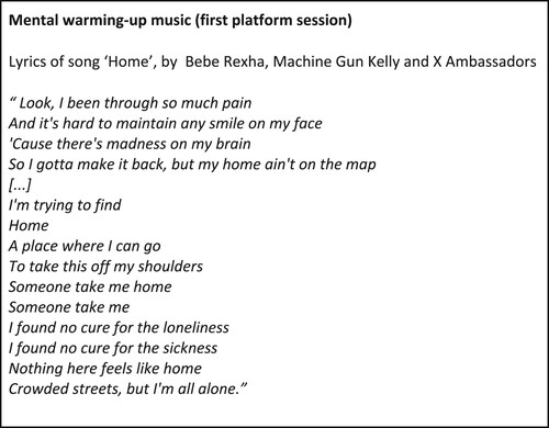 Figure 1. Part of the lyrics of the self-selected music song in the first platform session. The lyrics supported Petra to express and experience the emotions that were associated with the traumatic events.