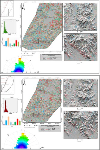 Figure 12. Distribution of extracted lineaments superimposed on hill-shade images within Zone-III and their associated magnified areas from: a) Sentinel-2A MSI and b) ASTER.