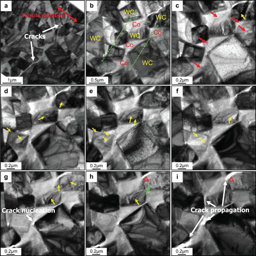 Figure 2. In situ TEM observations of crack propagation in the WC–Co cemented carbide sample containing microcracks: (a)–(i) follows the time sequence of the tensile test.
