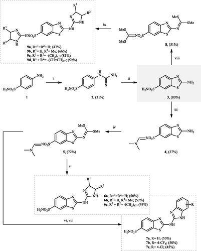 Scheme 1. Reagents and conditions: (i) KSCN (1 equiv.), 3.5 M HCl, 90 °C, 3 h; (ii) Br2 (1.5 equiv.), CHCl3, reflux, 4.5 h; (iii) DMF-DMA (1 equiv.), DMF, 0 °C, 2.5 h; (iv) CS2 (1.7 equiv.), KOH (2.5 equiv.), MeI (2.5 equiv.), DMF/H2O (3:1); (v) aliphatic diamine (10 equiv.), DMSO, 120 °C, 15 h; (vi) 1,2-phenylenediamine (8 equiv.), DMSO, 120 °C, 20 h; (vii) N2H4.H2O, r.t., 1 h; (viii) CS2 (4 equiv.), KOH (5 equiv.), MeI (5 equiv.), DMF/H2O (3:1); (ix) aliphatic diamine (15 equiv.), DMSO, 120 °C, 15 h.