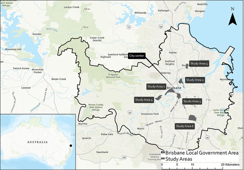 Figure 1. Study areas within the Brisbane local government area.