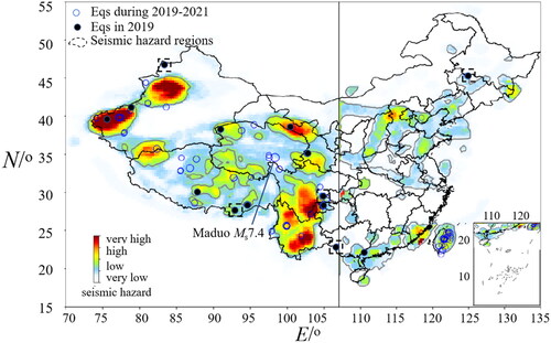 Figure 7. Annual seismic hazard regions in China in 2019 and the corresponding earthquakes of magnitude 5.0 and above in Mainland China.