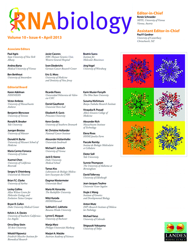 Figure 3. Cover of RNA Biology Volume 10, Issue 4 (April 2013).