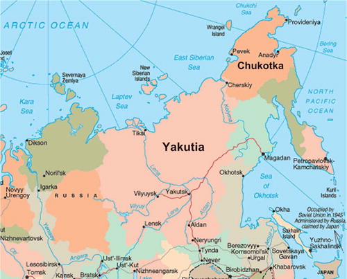 Figure 1. Map of eastern Russia (open access), showing the location of the Yakutia Republic and Chukotka Autonomous Okrug.