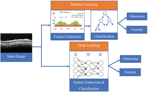 Figure 5. A comparison between traditional machine learning (top branch) and deep learning (bottom branch) for a classification task.