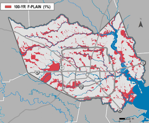 Figure 2. The current 100-year Floodplain map of Harris County. (Source: Blackburn & Bedient, Citation2018, p. 8).