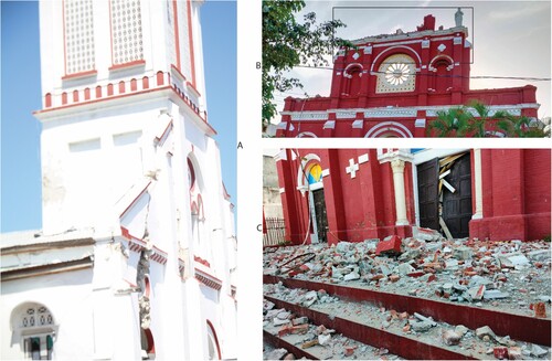Figure 5. Damage to local churches following the 2021 earthquake, including the Catholic Church of Sacré-Cœur in the city of Cayes (a) as well as the destroyed roof (b) and ground rubble (c) from the Catholic Church of Saint Louis in the city of Jérémie. Photographs by authors.