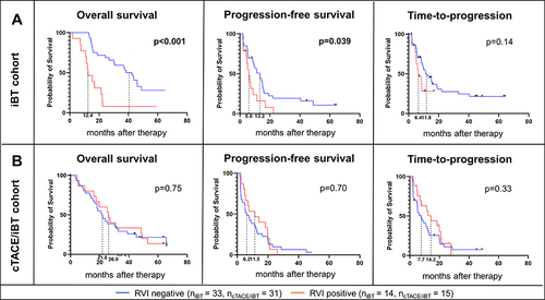 Figure 3 The impact of RVI on patient survival and tumor progression in patients treated with ablation with and without prior embolization. Overall survival (OS), progression-free survival (PFS), and time-to-progression (TTP) are depicted for patients with a positive and negative RVI trait receiving interstitial brachytherapy (iBT, upper row) and iBT with a prior conventional transarterial chemoembolization (cTACE/iBT, lower row). For patients within the iBT group, Kaplan–Meier analysis reveals significantly poorer OS, PFS, and a trend for poorer TTP in patients that had a positive RVI trait. In patients within the cTACE/iBT group, no significant differences in survival outcomes were observed in regards of the RVI trait. Median survival is indicated by dashed lines.