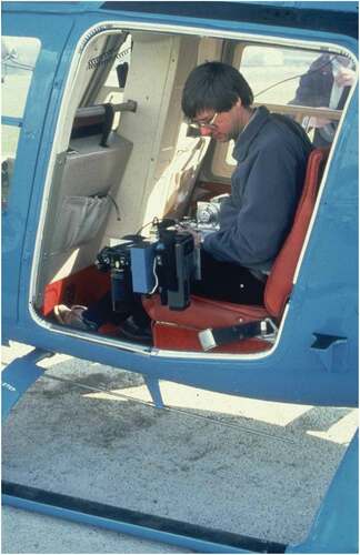 Figure 3. Ted deploying a spectroradiometer from a helicopter (Milton et al. Citation1994)