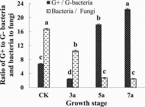 Figure 2. Summary of the ratios of Gram-positive to Gram-negative bacteria, and the bacterial to fungal biomass. Different lowercase letters indicate significant differences among different continuous cropping years at P < 0.05. Error bars represent SD (n = 3).