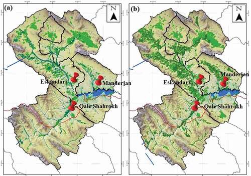 Figure 2. Comparison of area under cultivation in the upstream part of Zayandehrud basin: (a) 1982; (b) 2015. (Isfahan Regional Water Authority (IRWA) Citation2020)