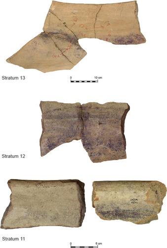 Fig. 2: Clay potsherds stained with purple dye (photo by Golan Shalvi, image processing by Sapir Haad; registration numbers and other markings on the sherds are by the original excavation expedition)