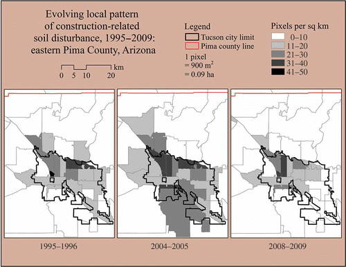 Figure 10. Remote-sensing pixels meeting change criteria likely to indicate fugitive dust sources are aggregated to zip code areal units and normalized by area for three representative annual periods over the span of the study. Aggregation to smaller areal units enables locating hot spots of intense construction-related soil disturbance, and to monitor local trends in the region as a whole.