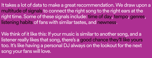 Figure 1. Screenshot from Spotify for Artists, “Made to Be Found,” explaining how recommendations are made.