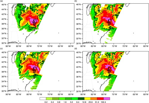 Fig. 12 The 24-h accumulated rainfall (mm) from 1200 UTC 29 to 1200 UTC 30 October 2012 from the Stage IV analysis (a), and the forecast from CON (b), CLRSKY (c) and ALLSKY (d). All forecasts are initialised at 1200 UTC 29 October 2012.