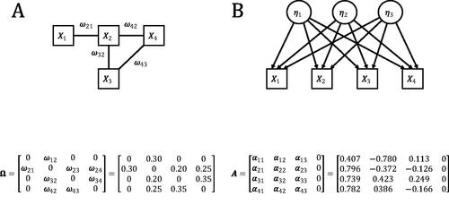 Figure 1. The model in (1 A) represents the network model that is associated with the weight matrix Ω. The model in (1B) represents the common factor model that is equivalent to the network model in (1 A). The discrimination parameters of this common factor model are presented in the matrix A.