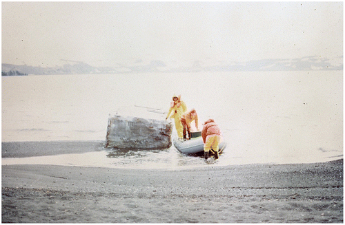 Figure 13. Loading the zodiac for the daily journey to the work site on Deception Island, Antarctica, January 1974.