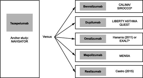 Figure 3. Anchor and comparator trials used for the STC. Treatment effect of tezepelumab was simulated in the study population of each of the comparator trials. aCALIMA and SIROCCO were both suitable as comparator studies and had the same inclusion criteria; thus, these studies were pooled. bHanania et al.Citation55 was used for AAER overall because this study did not report results for AAER leading to hospitalization/emergency room visit. EXALT was used for AAER leading to hospitalization/emergency room visit. Abbreviations: AAER, annualized asthma exacerbation rate; STC, simulated treatment comparison.