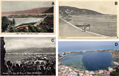 Figure 3. Faro Lake landscape through time. A, view from West to East, with the Calabria coast in the background (ca. 1900); B, ground view from the Southern road, with the Western coast in the background (ca. 1850); C, the same view of A after 50 years (ca. 1950); D, aerial view (northwards) of the Faro Lake (present day). The long term shellfish farming is evident in all images. Human settlement was not negligible over 150 years. See also Figure 2 for orientation.