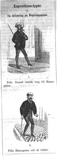 Figure 2. Illustration by Gustaf Wahlbom, published in the comic magazine Söndags-Nisse, June 10, 1866. In this cartoon, Wahlbom picked up on the geographically uneven quality of pavement surfaces. Published in connection to Stockholm’s industry exhibition of 1866, he portrayed two foreign ‘exhibition-types’, differentiated by their appearances as they walked down Regeringsgatan. Close to the exhibition area, where Regeringsgatan had pavement made of smooth paving stones, the foreigner could stroll with pride; further down the street, however, the cobble-stoned pavement quickly turned his cane from a symbol to a supporting tool.